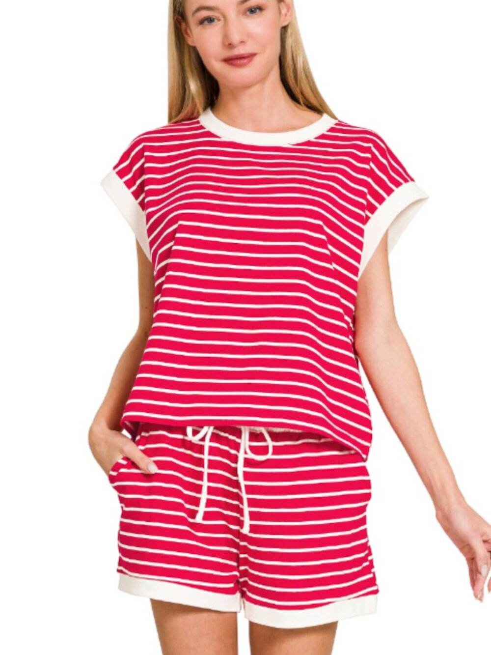 143. NWT - Zenana Stripe contrast trim rib banded top & shorts set in Ruby